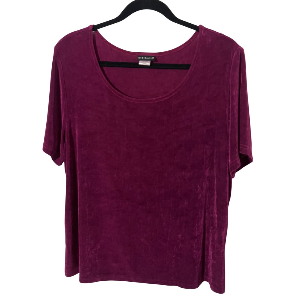 Citiknits T Shirt Large 90s Minimalist Plum Purple Slinky Scoop Neck Top Acetate